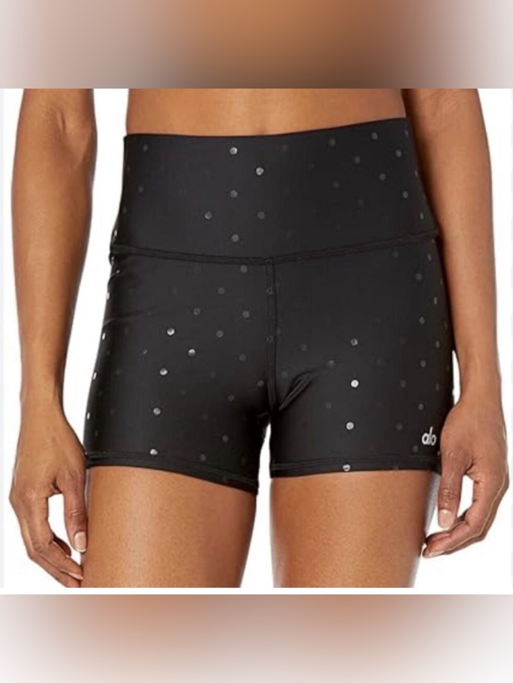 ALO Yoga Black High-Waist Swim Shorts with Silver Dot Print size small gorpcore